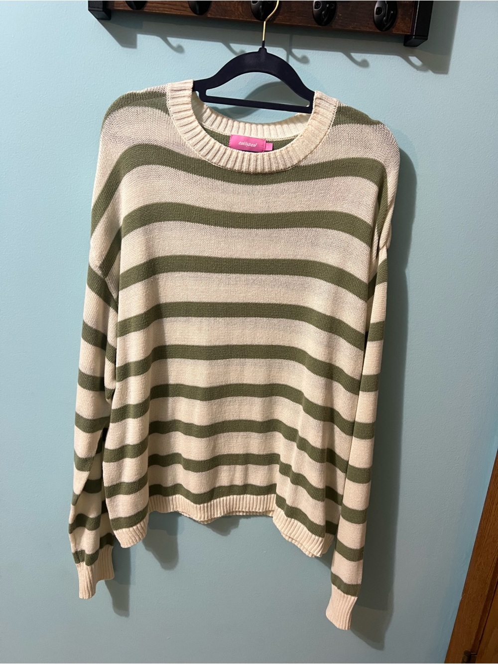 Edikted Striped Off-Shoulder Sweater in Cream and Olive